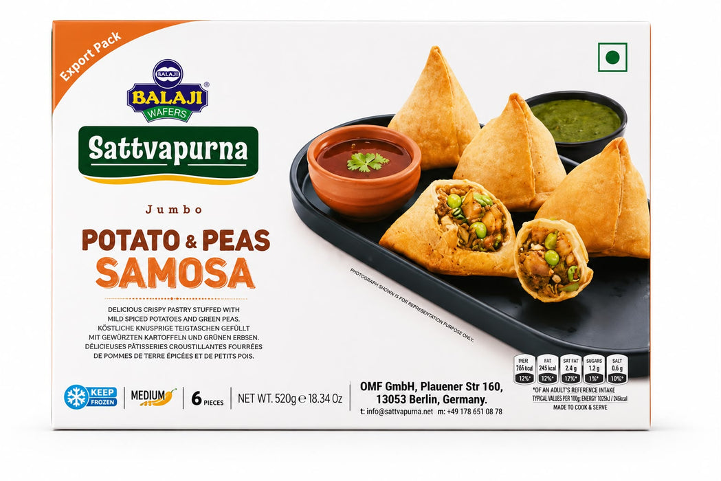Frozen Balaji Jumbo Potato & Peas Samosa With Red & Green Chutney (6pcs) 520gm - Only Berlin Delivery